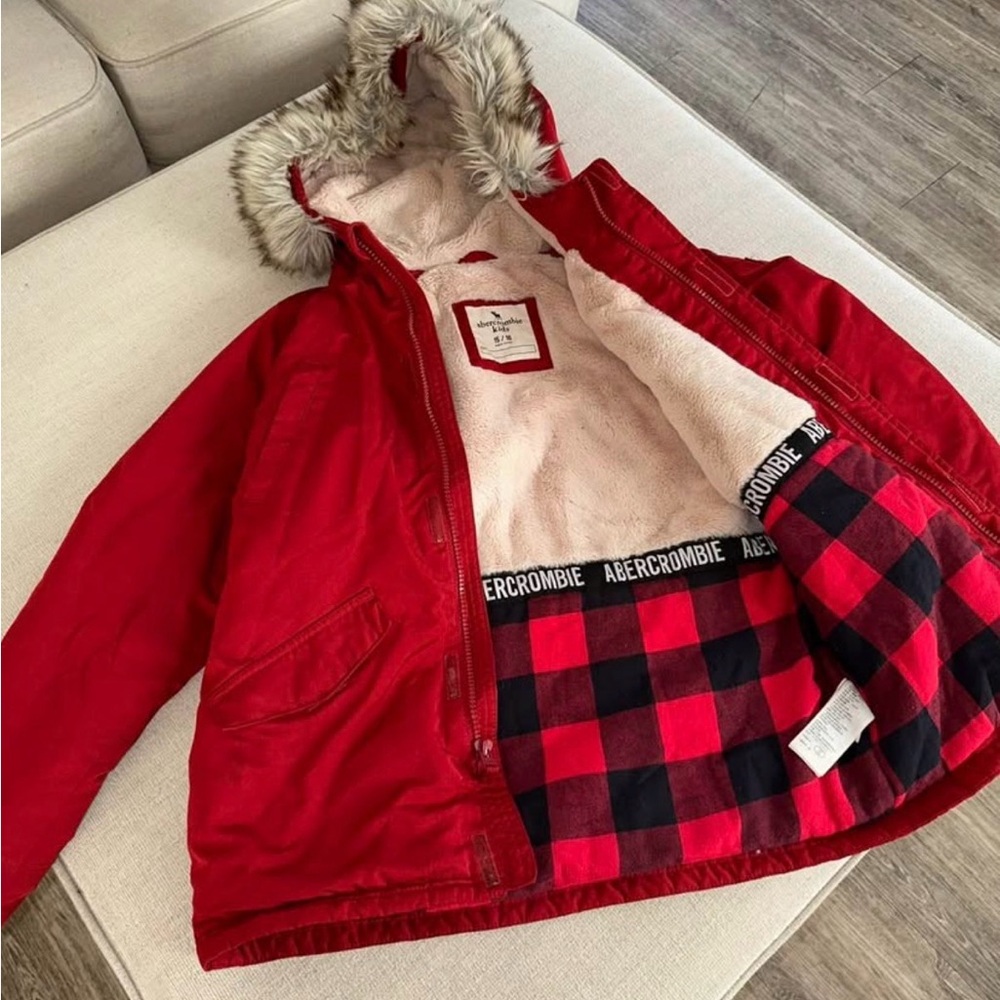 Abercrombie & Fitch Kids Vibrant Red Puffer with Faux Fur Trim